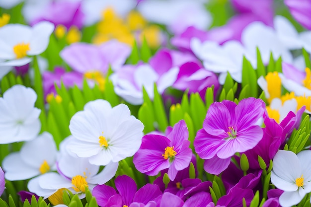 Un fiore viola e bianco è in un campo di fiori.