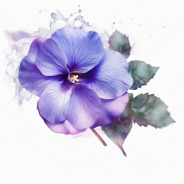 Un fiore viola e blu è dipinto con foglie verdi.