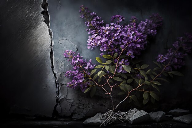 Un fiore viola è su un muro con una crepa.