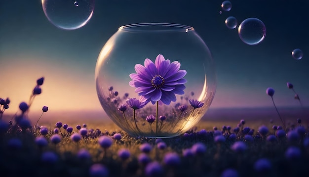 un fiore viola in una ciotola con fiori viola sullo sfondo