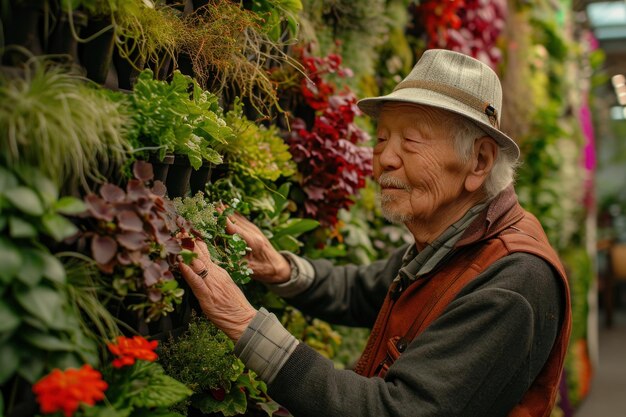 Un fiorista anziano in un colorato mercato dei fiori in una giornata luminosa