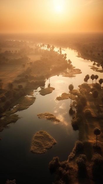 Un fiume al tramonto con il sole che tramonta