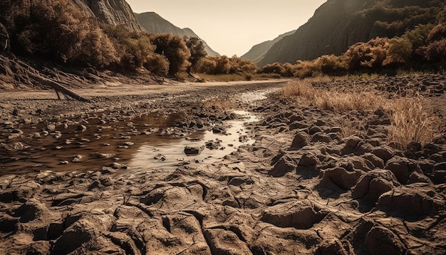 Un fiume attraversa un paesaggio roccioso con montagne sullo sfondo.