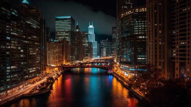 Un fiume attraversa una città di notte.