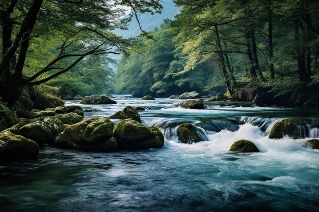 Un fiume attraversa una foresta con rocce e alberi.