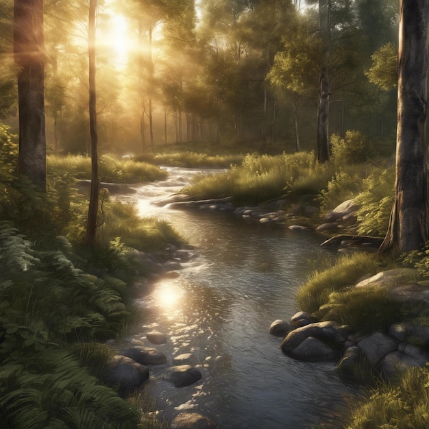 un fiume attraversa una foresta con un ruscello che lo attraversa