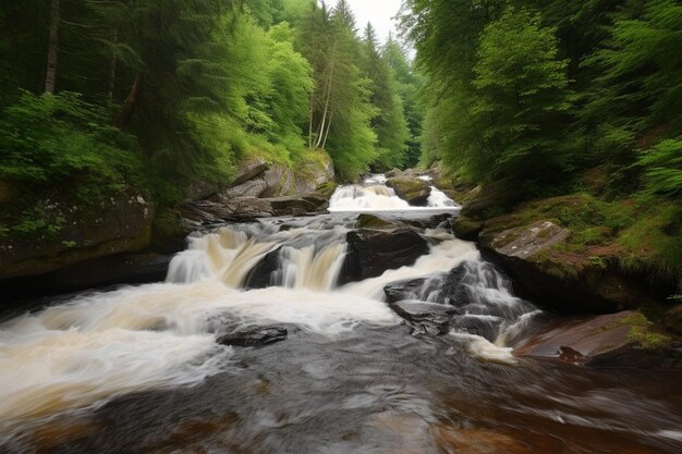 Un fiume attraversa una foresta con una cascata sullo sfondo.