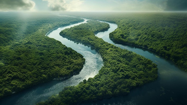 un fiume attraversa una foresta con una foresta sullo sfondo.