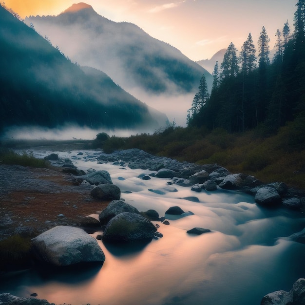 Un fiume attraversa una foresta con una montagna sullo sfondo.