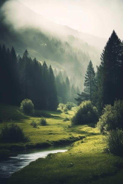 Un fiume attraversa una valle con un cielo nebbioso.