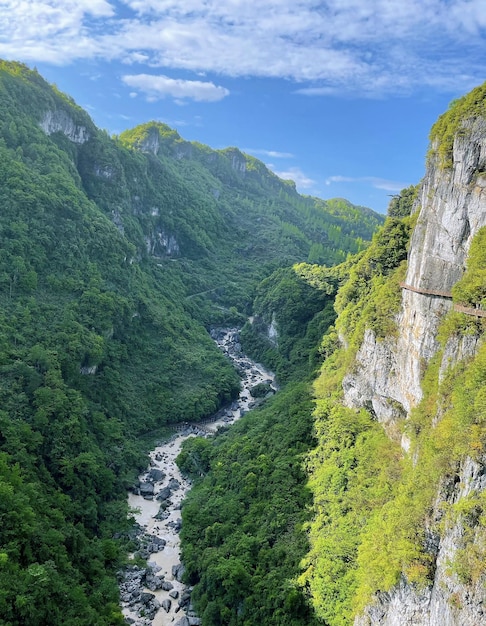 Un fiume attraversa una valle con un ponte in primo piano