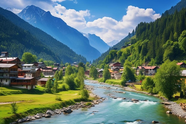 Un fiume attraversa una valle con una montagna sullo sfondo.