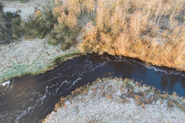 Un fiume boschivo scorre attraverso un campo in tempo freddo con una foto di gelo da un drone