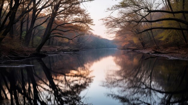 Un fiume calmo con chiari riflessi del cielo e degli alberi