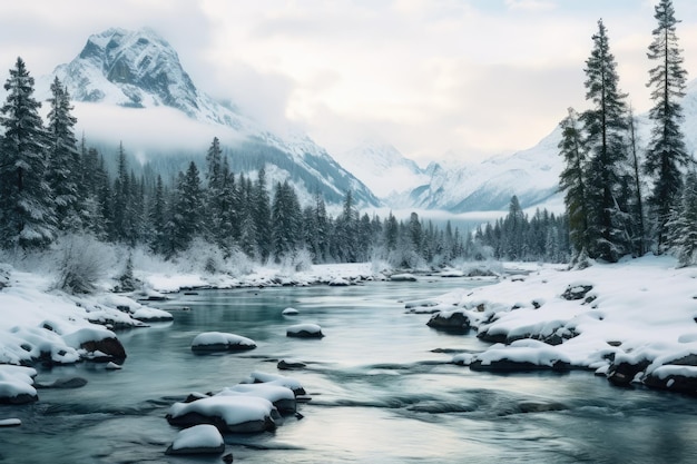 un fiume che scorre attraverso una foresta coperta di neve