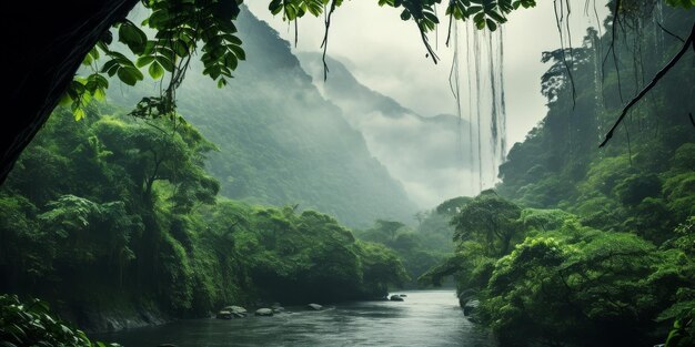 Un fiume che scorre attraverso una foresta verde e lussureggiante