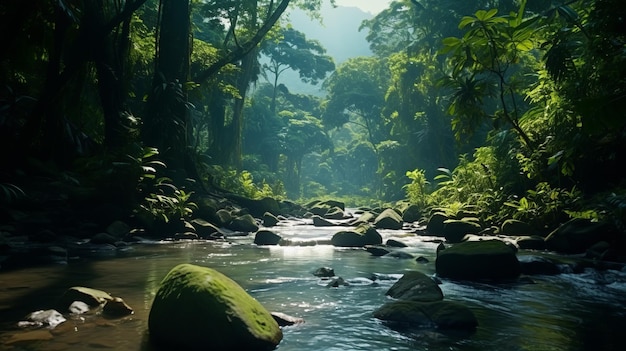 Un fiume che scorre attraverso una lussureggiante foresta verde