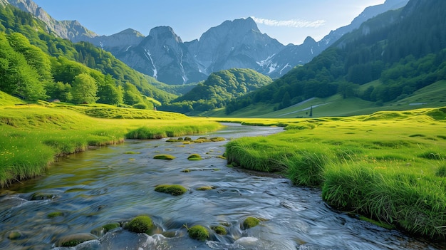 Un fiume che si snoda attraverso un lussureggiante campo d'erba verde sullo sfondo di una montagna