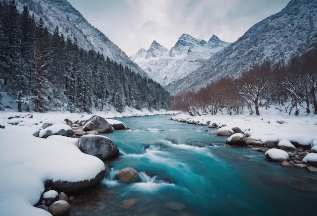 un fiume che si snoda tra le montagne coperte di neve