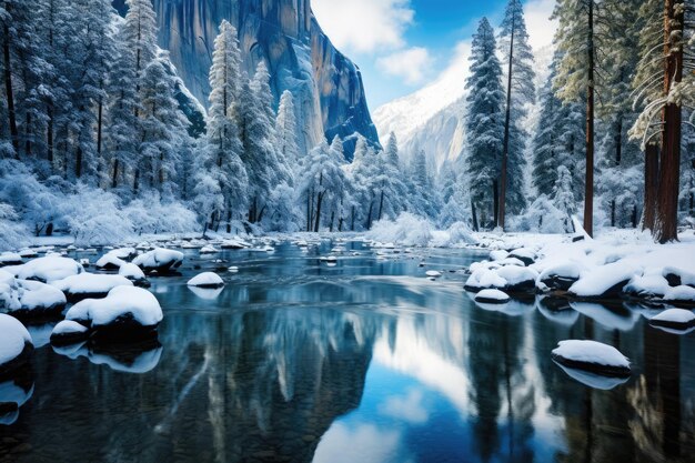 un fiume circondato da alberi coperti di neve in una foresta