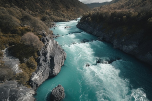 Un fiume con acqua blu in primo piano e una montagna sullo sfondo.