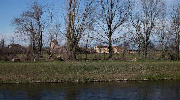 Un fiume con alberi e case sullo sfondo