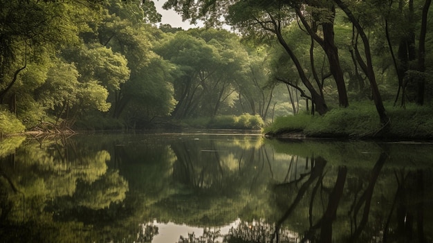 Un fiume con alberi e un fiume sullo sfondo