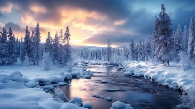 un fiume con alberi innevati e un cielo nuvoloso