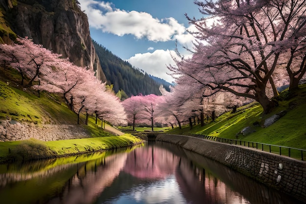 Un fiume con fiori di ciliegio rosa in primo piano