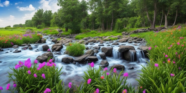 Un fiume con fiori e rocce in primo piano.