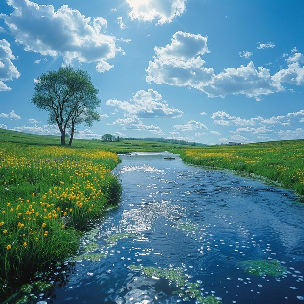 un fiume con fiori gialli e un albero sullo sfondo