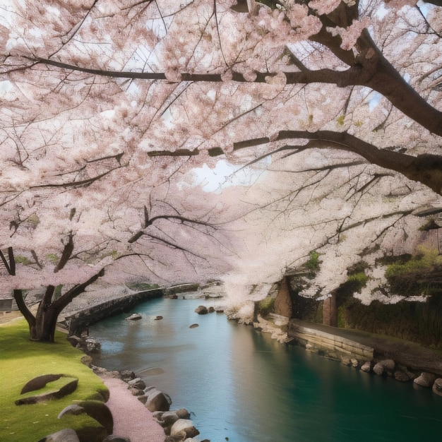 Un fiume con fiori rosa su di esso