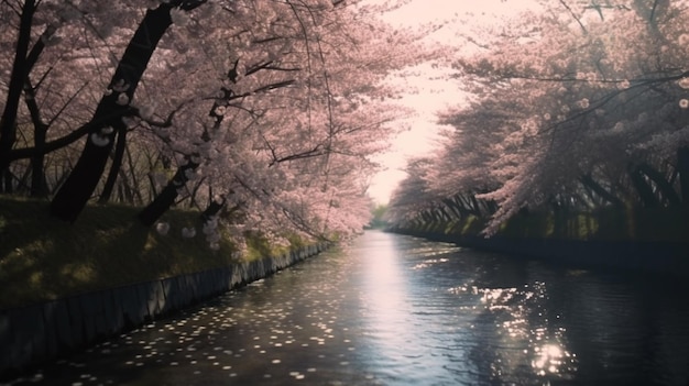 Un fiume con fiori rosa su di esso