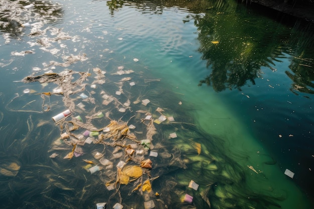 Un fiume con microplastiche che galleggiano sulla superficie creato con l'IA generativa