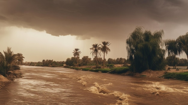 Un fiume con palme e un cielo nuvoloso