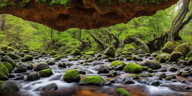 Un fiume con rocce coperte di muschio e muschi