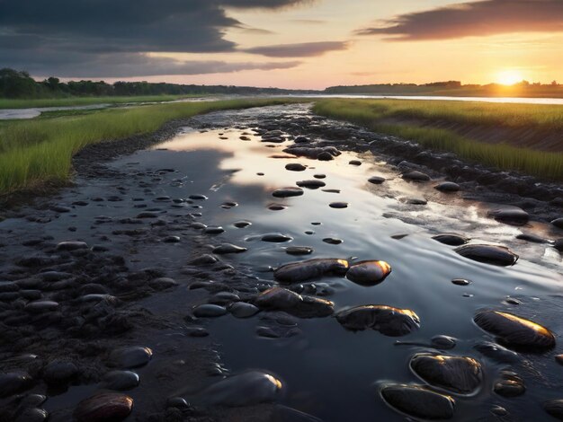 un fiume con rocce e acqua con un tramonto sullo sfondo