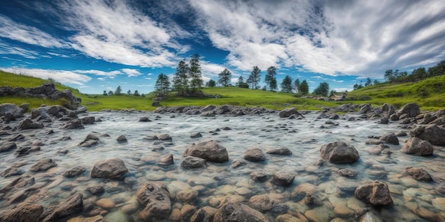 Un fiume con rocce e alberi in primo piano e un cielo nuvoloso sullo sfondo.