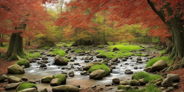 Un fiume con rocce e un albero rosso con la parola cadono su di esso