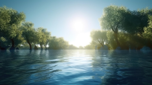 Un fiume con un cielo blu e alberi