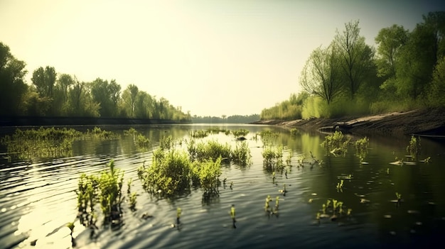 Un fiume con un fiume e alberi sullo sfondo