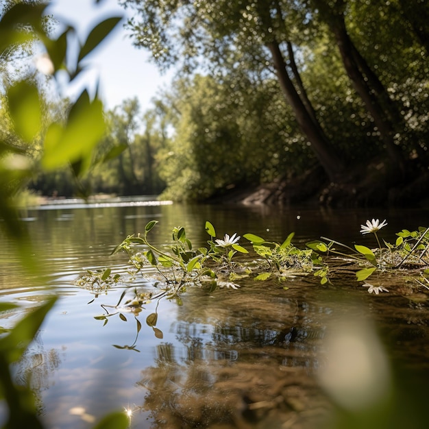 Un fiume con un fiume e un fiore margherita bianca