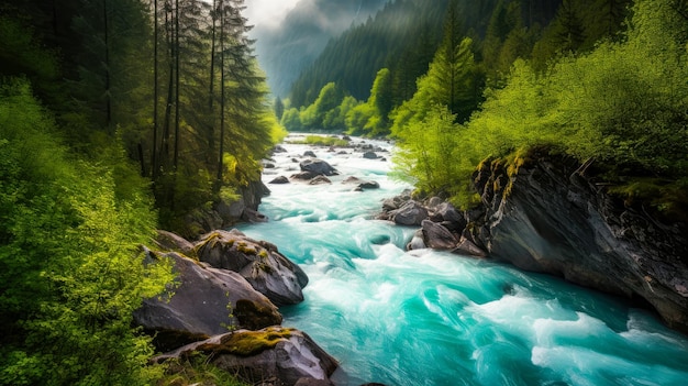 Un fiume con un fiume verde in primo piano e una foresta sullo sfondo.