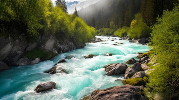 Un fiume con un flusso di acqua verde in primo piano e montagne sullo sfondo.