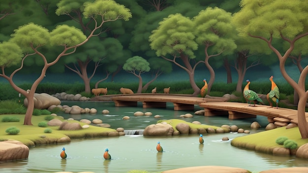 un fiume con un ponte e uccelli su di esso