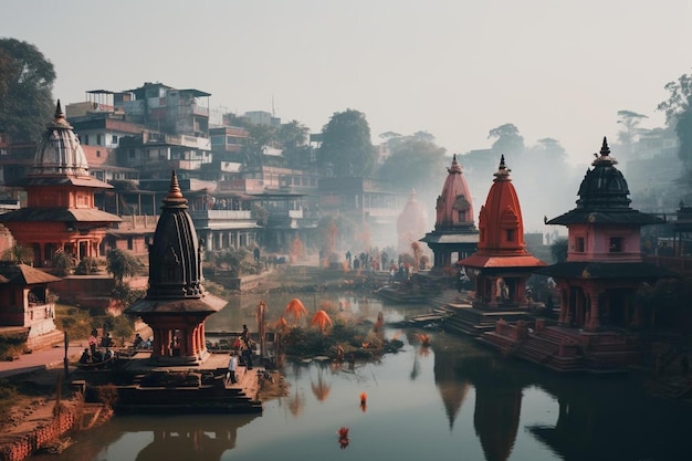 un fiume con un tempio e un corpo d'acqua con alcuni altri edifici sullo sfondo