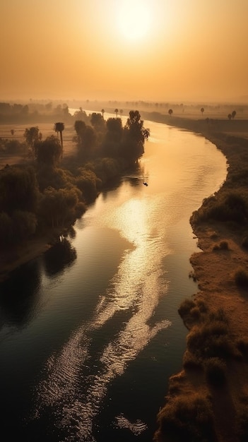 Un fiume con un tramonto sullo sfondo