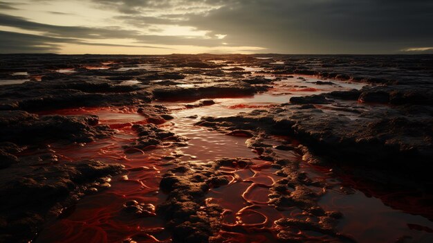 Un fiume di lava ardente che scorre attraverso un paesaggio arido