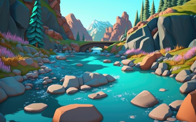 Un fiume di montagna cartone animato sfondo illustrazioni per bambini in stile cartone animato ai generato