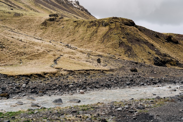 Un fiume di montagna poco profondo scorre contro una montagna con erba gialla in Islanda